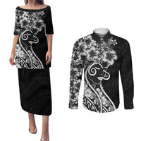 Polynesian Women's Day Couples Matching Puletasi and Long Sleeve Button Shirt Black Hibiscus Flowers With Polynesian Pattern LT05 Black - Polynesian Pride