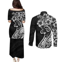 Polynesian Women's Day Couples Matching Puletasi and Long Sleeve Button Shirt Black Hibiscus Flowers With Polynesian Pattern LT05 - Polynesian Pride