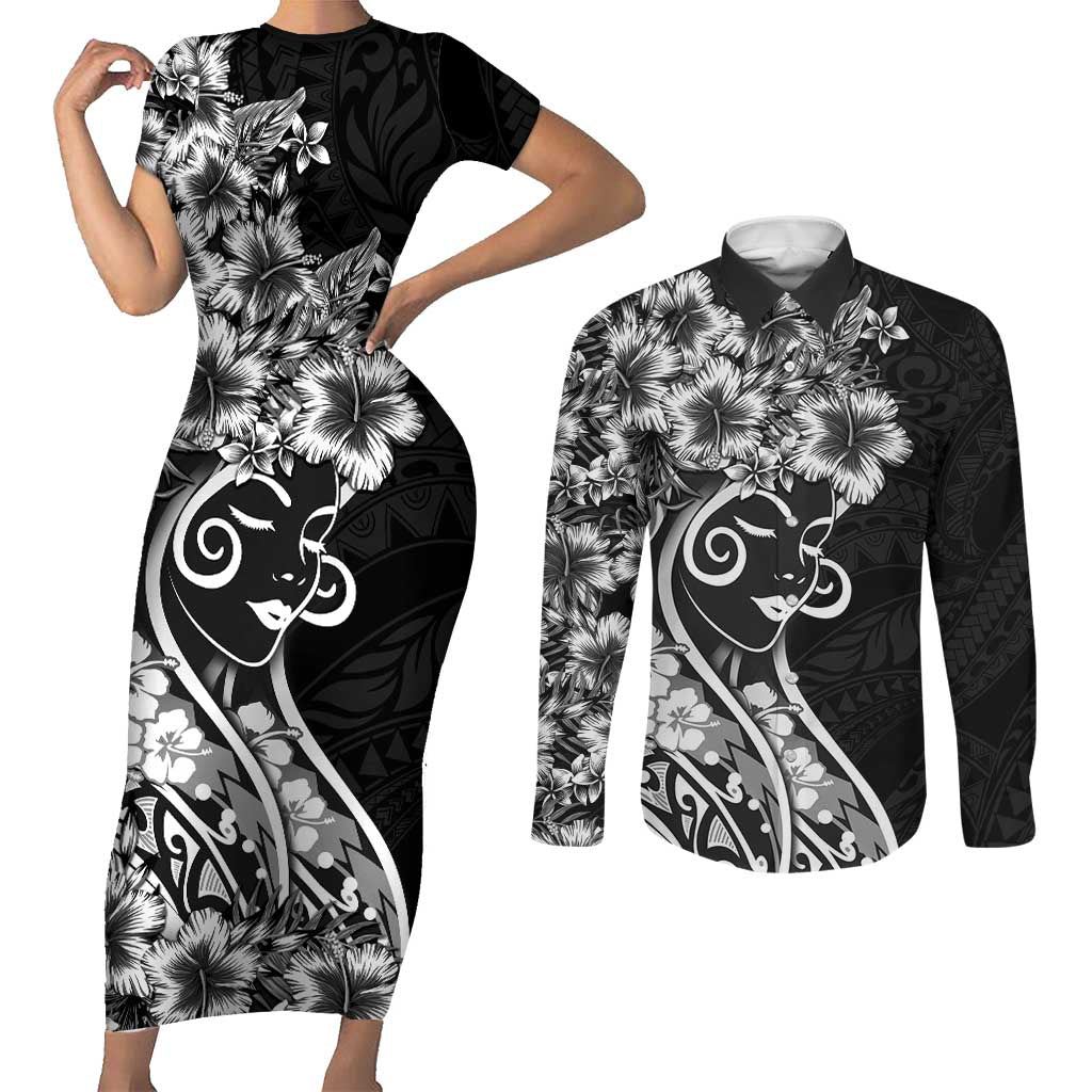 Polynesian Women's Day Couples Matching Short Sleeve Bodycon Dress and Long Sleeve Button Shirt Black Hibiscus Flowers With Polynesian Pattern