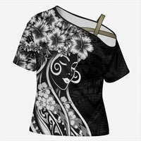 Polynesian Women's Day Cross Shoulder Shirt Black Hibiscus Flowers With Polynesian Pattern LT05 Female Black - Polynesian Pride