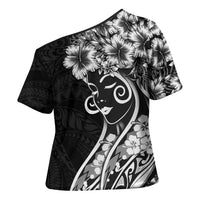 Polynesian Women's Day Cross Shoulder Shirt Black Hibiscus Flowers With Polynesian Pattern LT05 - Polynesian Pride