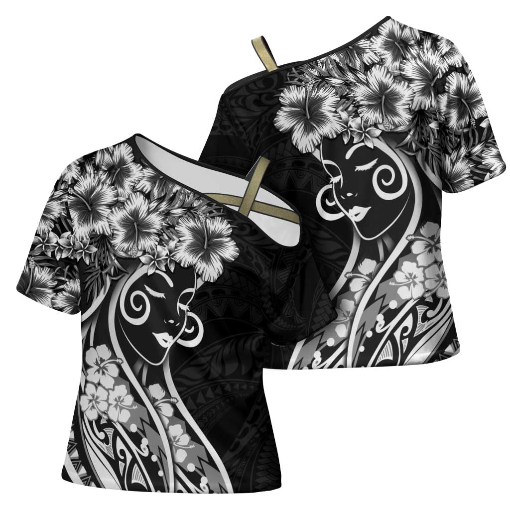 Polynesian Women's Day Cross Shoulder Shirt Black Hibiscus Flowers With Polynesian Pattern LT05 - Polynesian Pride