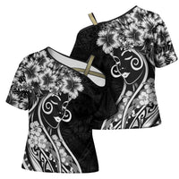 Polynesian Women's Day Cross Shoulder Shirt Black Hibiscus Flowers With Polynesian Pattern LT05 - Polynesian Pride