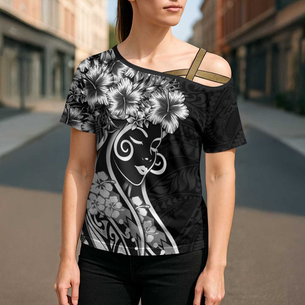 Polynesian Women's Day Cross Shoulder Shirt Black Hibiscus Flowers With Polynesian Pattern LT05 - Polynesian Pride