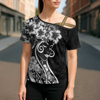 Polynesian Women's Day Cross Shoulder Shirt Black Hibiscus Flowers With Polynesian Pattern LT05 - Polynesian Pride