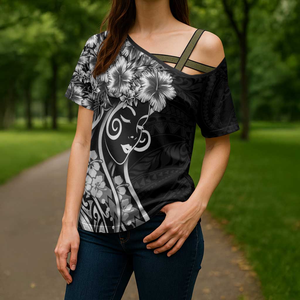 Polynesian Women's Day Cross Shoulder Shirt Black Hibiscus Flowers With Polynesian Pattern LT05 - Polynesian Pride