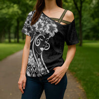 Polynesian Women's Day Cross Shoulder Shirt Black Hibiscus Flowers With Polynesian Pattern LT05 - Polynesian Pride