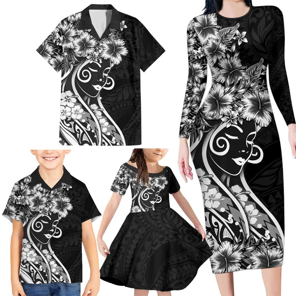 Polynesian Women's Day Family Matching Long Sleeve Bodycon Dress and Hawaiian Shirt Black Hibiscus Flowers With Polynesian Pattern