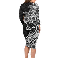 Polynesian Women's Day Family Matching Long Sleeve Bodycon Dress and Hawaiian Shirt Black Hibiscus Flowers With Polynesian Pattern