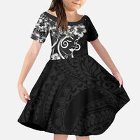 Polynesian Women's Day Family Matching Short Sleeve Bodycon Dress and Hawaiian Shirt Black Hibiscus Flowers With Polynesian Pattern