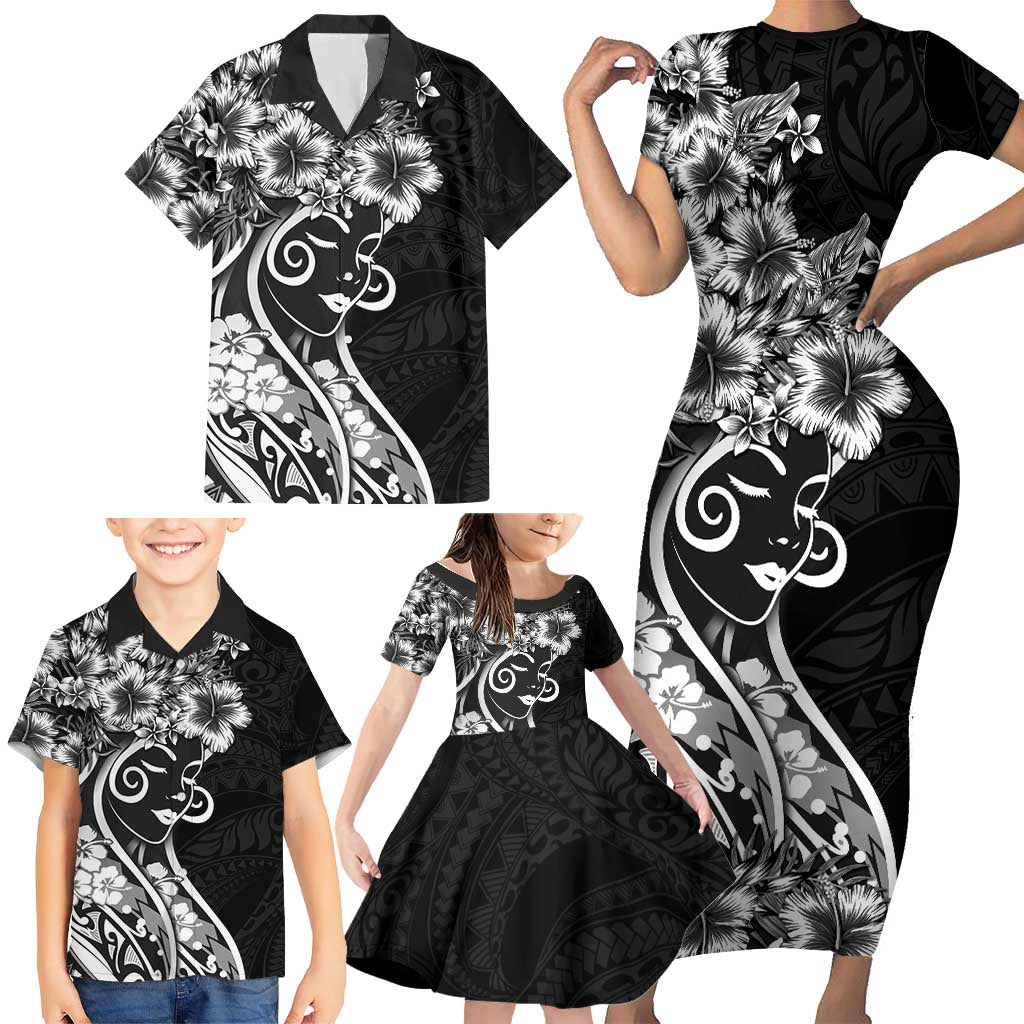 Polynesian Women's Day Family Matching Short Sleeve Bodycon Dress and Hawaiian Shirt Black Hibiscus Flowers With Polynesian Pattern