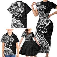 Polynesian Women's Day Family Matching Short Sleeve Bodycon Dress and Hawaiian Shirt Black Hibiscus Flowers With Polynesian Pattern