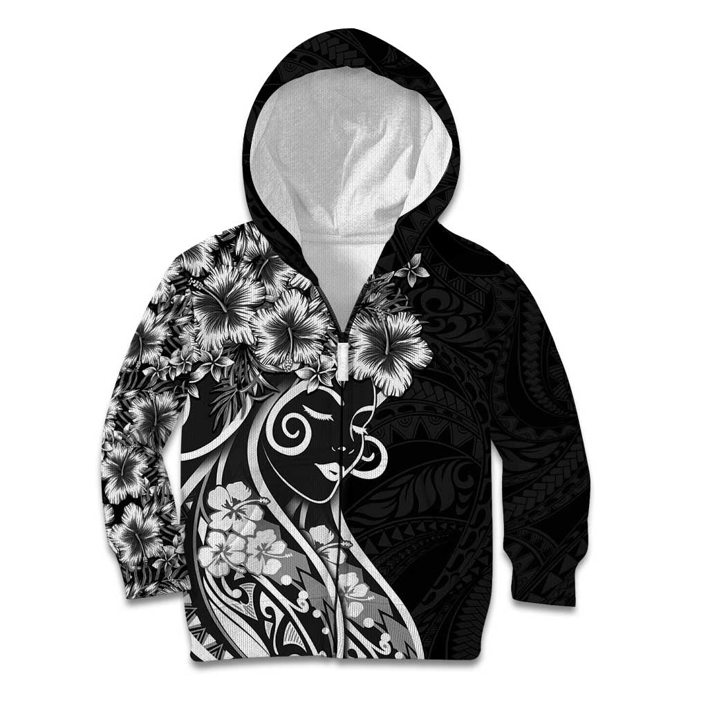 Polynesian Women's Day Kid Hoodie Black Hibiscus Flowers With Polynesian Pattern LT05 Zip Hoodie Black - Polynesian Pride
