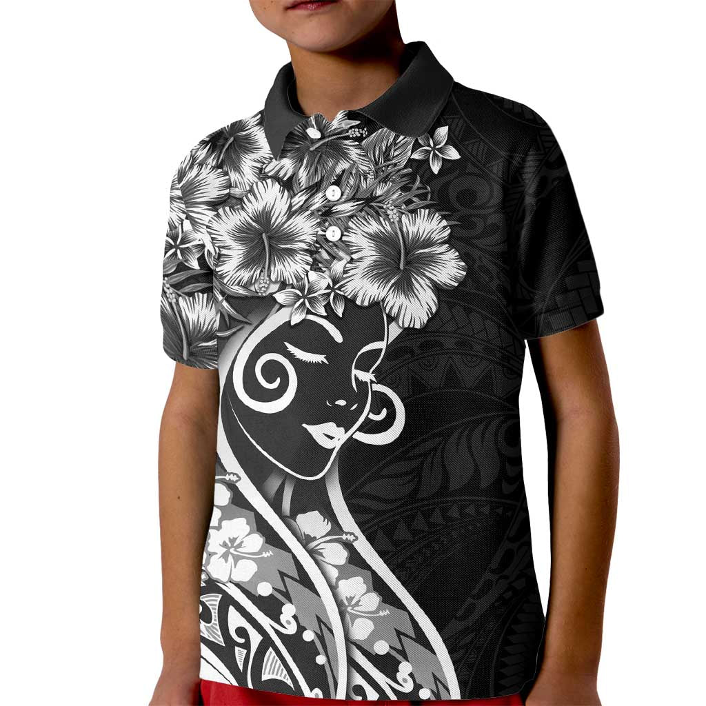 Polynesian Women's Day Kid Polo Shirt Black Hibiscus Flowers With Polynesian Pattern LT05 Kid Black - Polynesian Pride