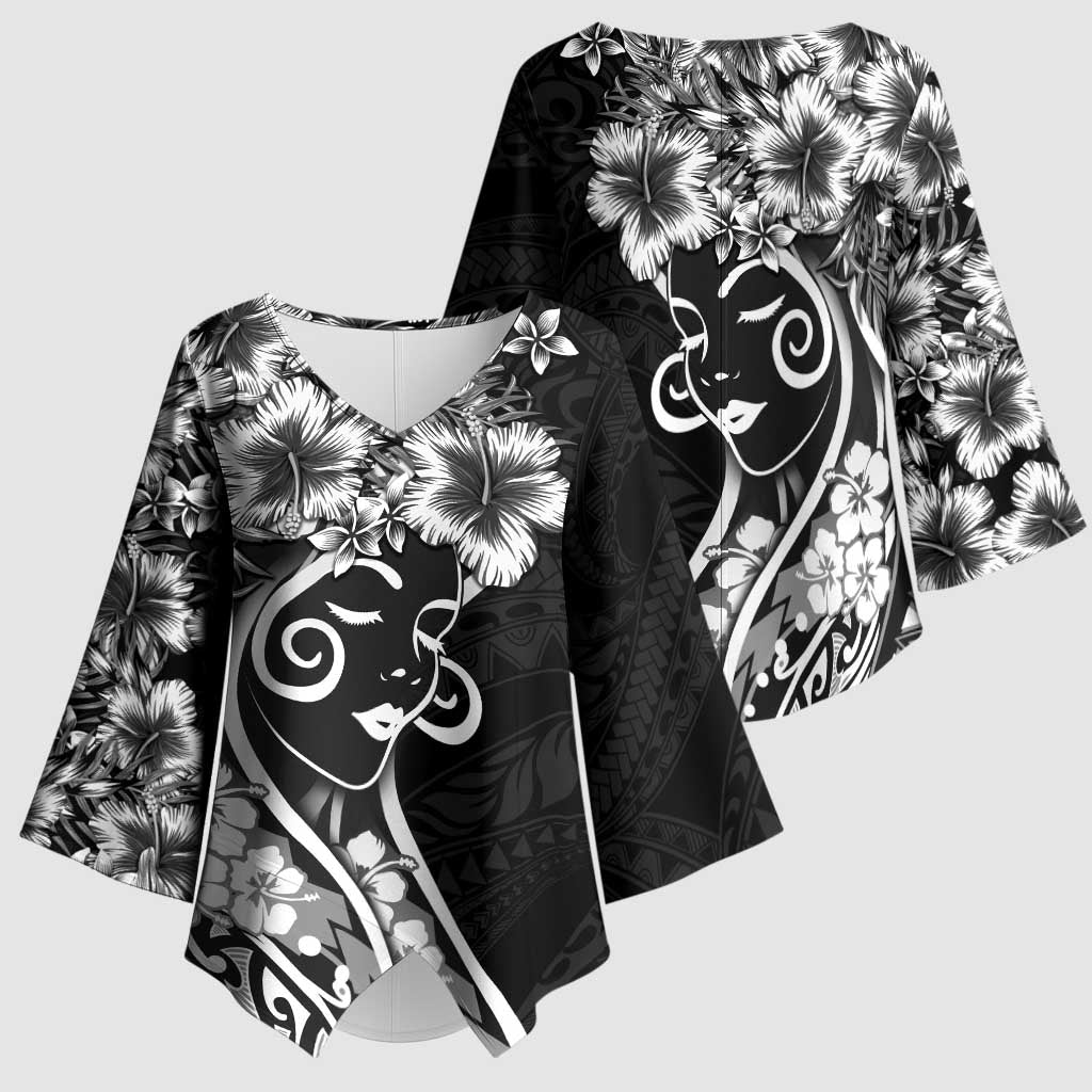 Polynesian Women's Day Kimono Sleeve Blouse Black Hibiscus Flowers With Polynesian Pattern LT05 - Polynesian Pride