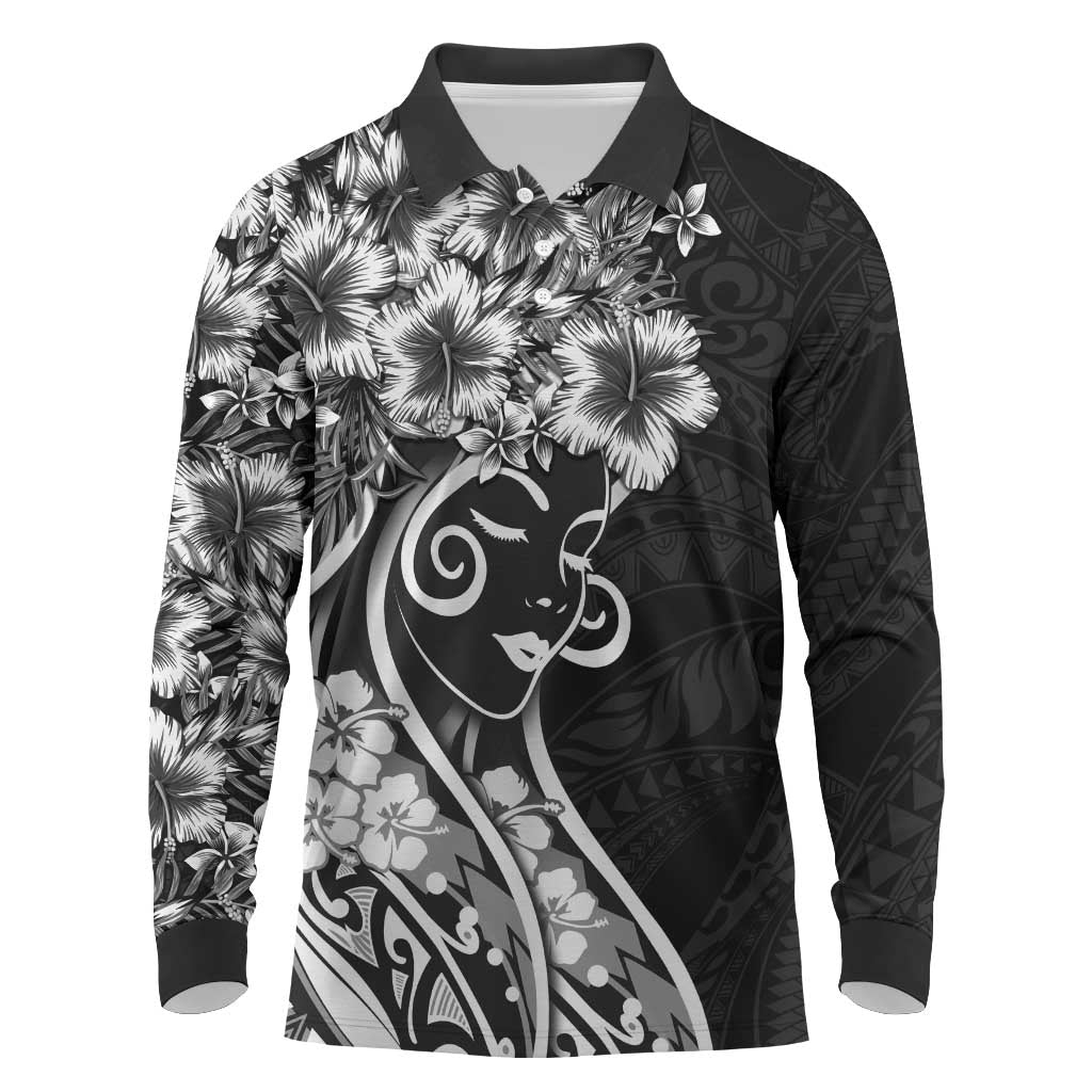 Polynesian Women's Day Long Sleeve Polo Shirt Black Hibiscus Flowers With Polynesian Pattern LT05 Black - Polynesian Pride