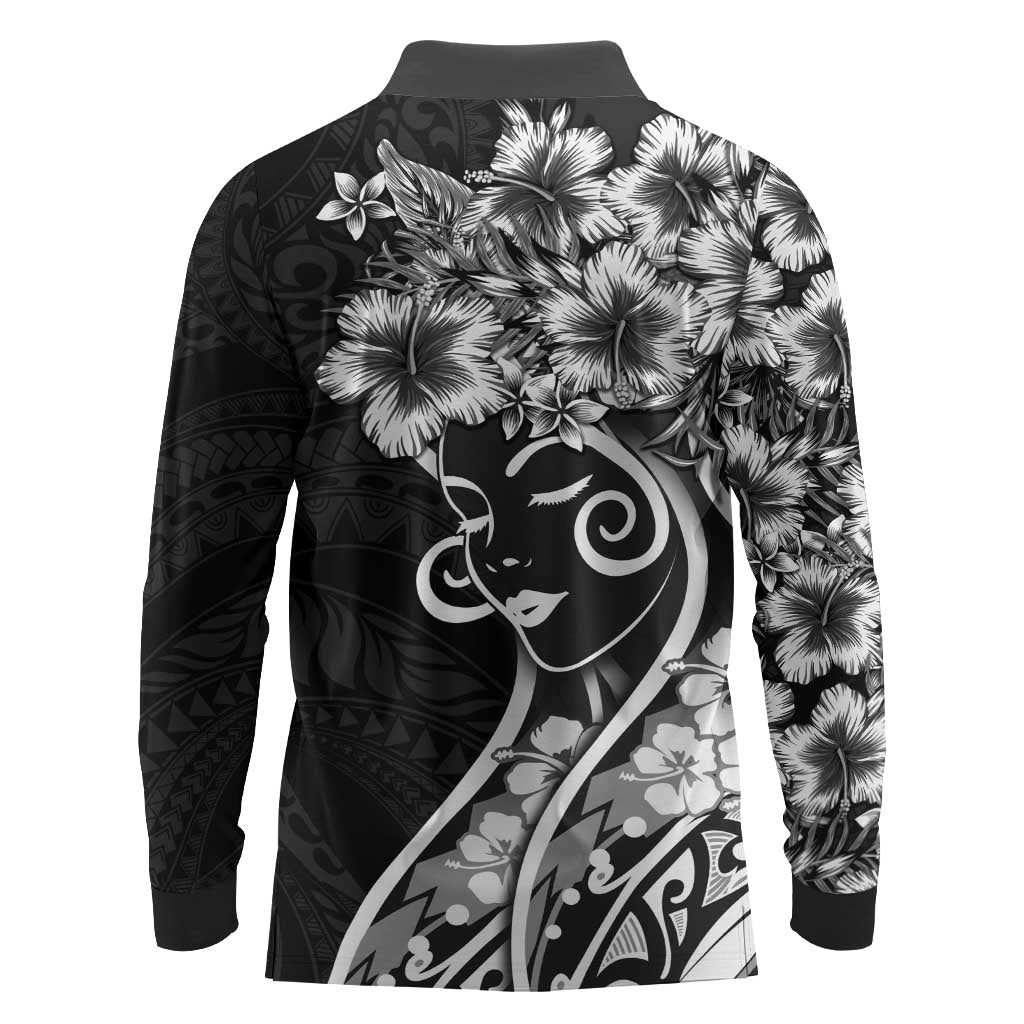 Polynesian Women's Day Long Sleeve Polo Shirt Black Hibiscus Flowers With Polynesian Pattern LT05 - Polynesian Pride