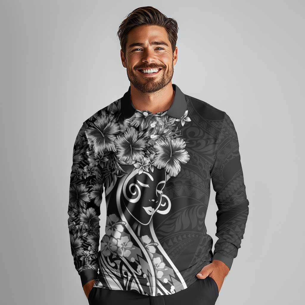 Polynesian Women's Day Long Sleeve Polo Shirt Black Hibiscus Flowers With Polynesian Pattern LT05 - Polynesian Pride