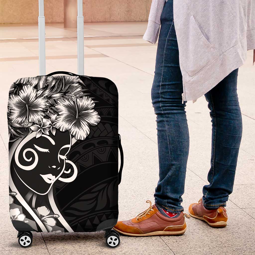 Polynesian Women's Day Luggage Cover Black Hibiscus Flowers With Polynesian Pattern