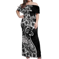 Polynesian Women's Day Off Shoulder Maxi Dress Black Hibiscus Flowers With Polynesian Pattern LT05 Women Black - Polynesian Pride