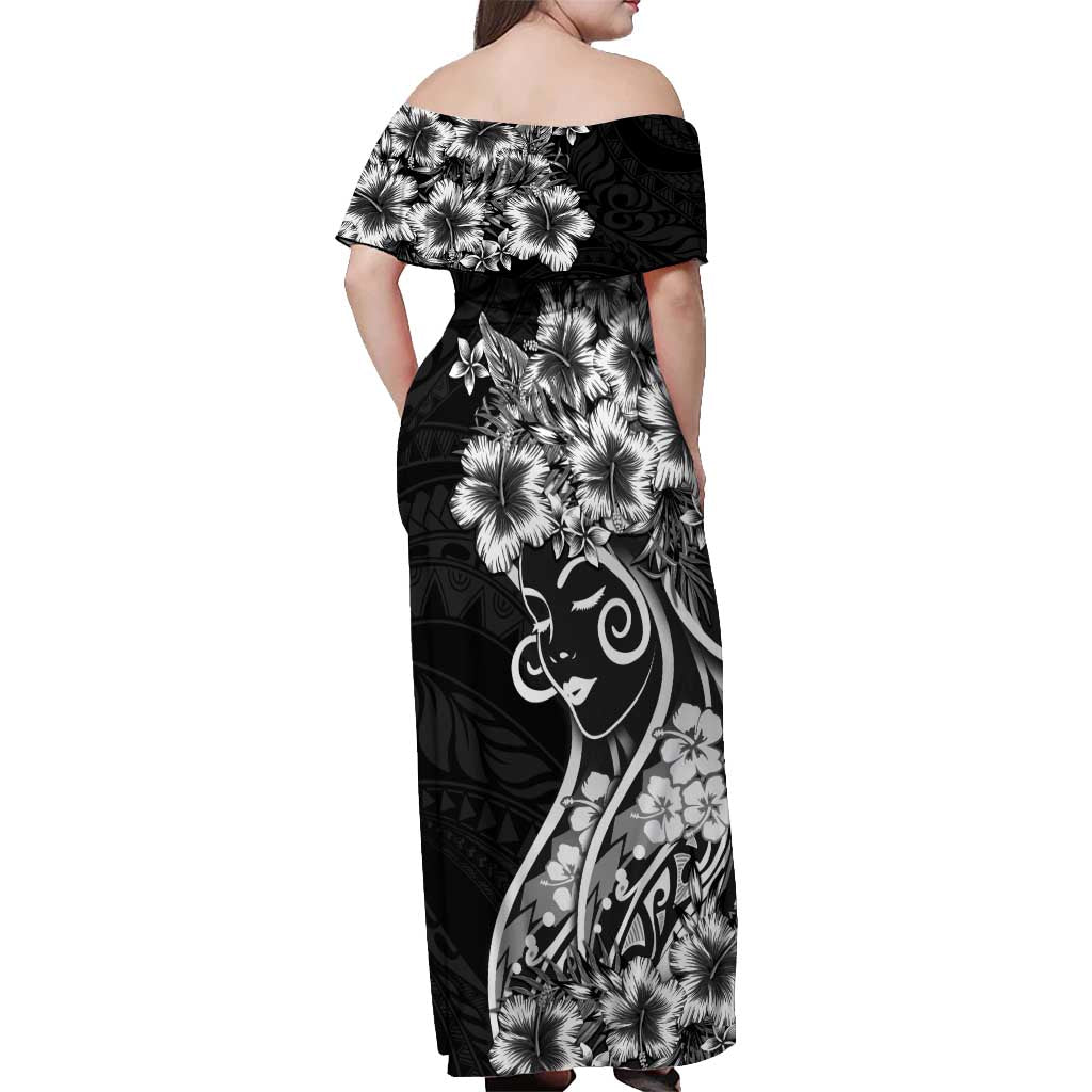 Polynesian Women's Day Off Shoulder Maxi Dress Black Hibiscus Flowers With Polynesian Pattern LT05 - Polynesian Pride