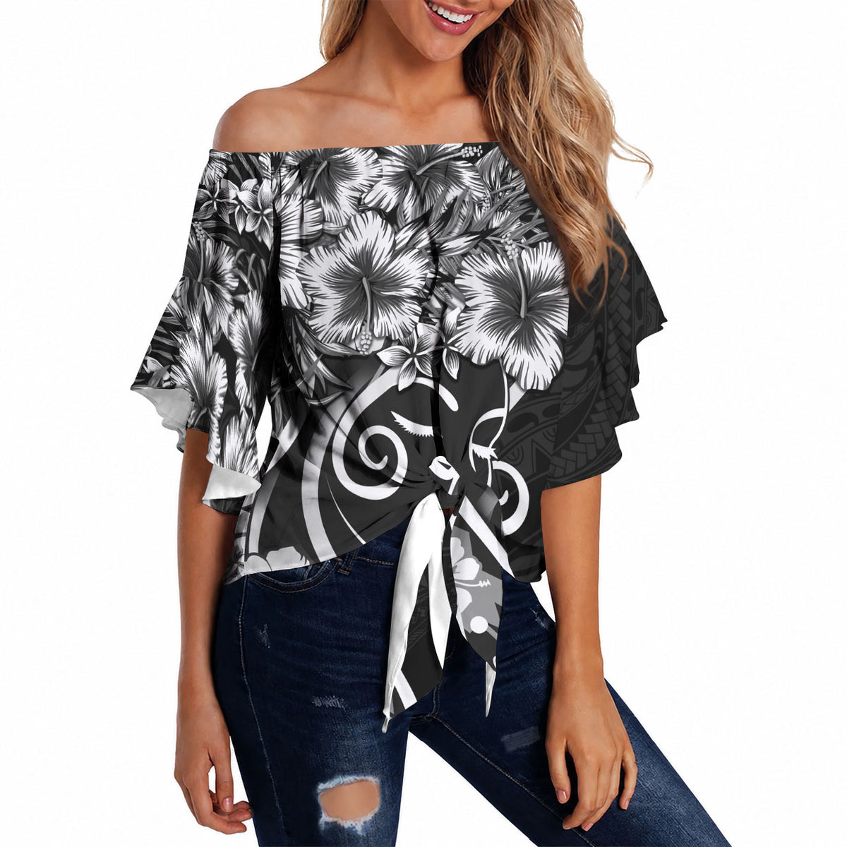 Polynesian Women's Day Off Shoulder Wrap Waist Top Black Hibiscus Flowers With Polynesian Pattern LT05 - Polynesian Pride