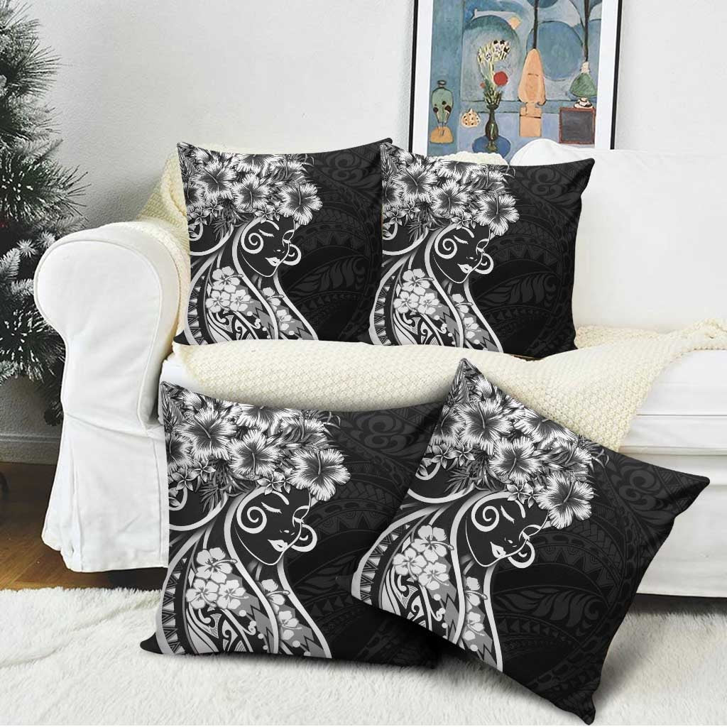 Polynesian Women's Day Pillow Cover Black Hibiscus Flowers With Polynesian Pattern