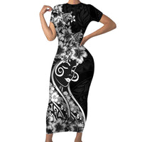 Polynesian Women's Day Short Sleeve Bodycon Dress Black Hibiscus Flowers With Polynesian Pattern