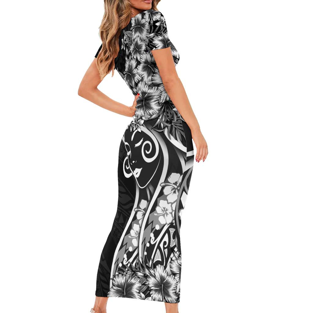 Polynesian Women's Day Short Sleeve Bodycon Dress Black Hibiscus Flowers With Polynesian Pattern