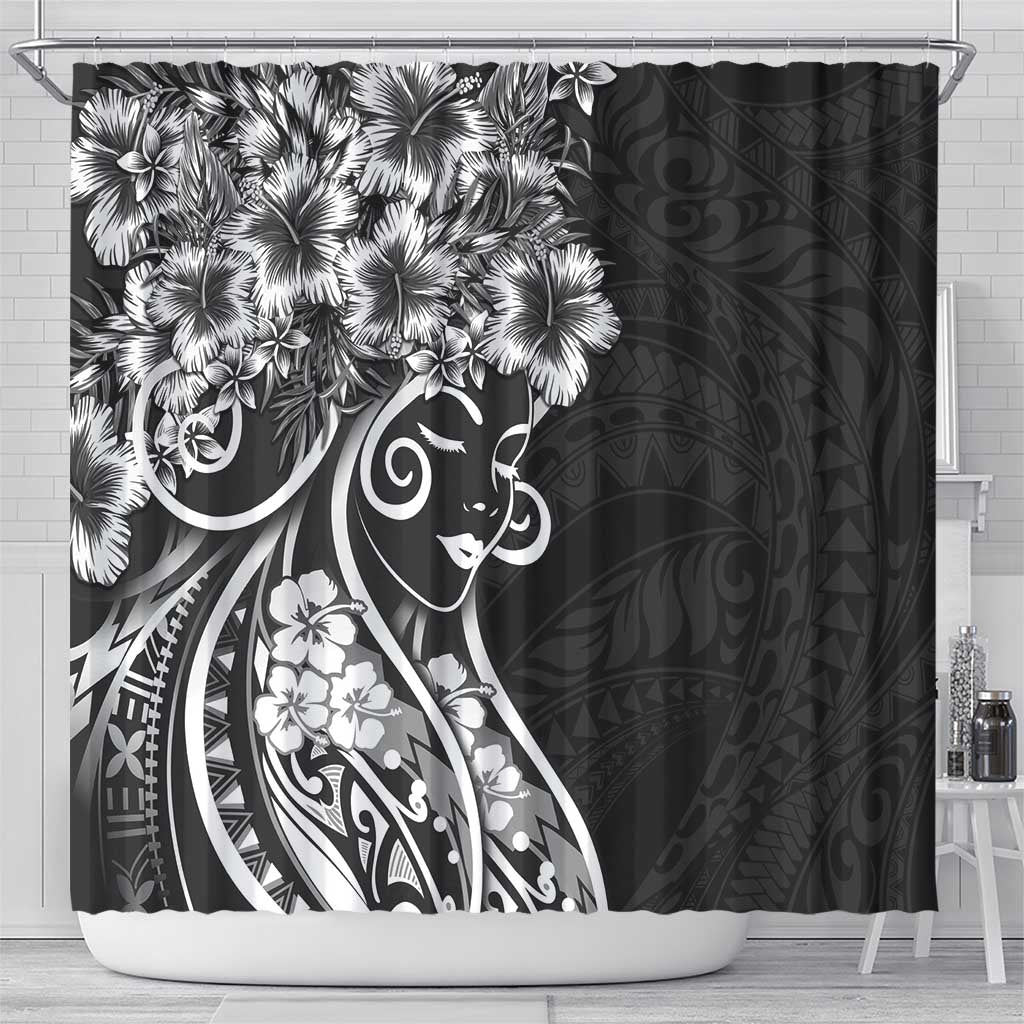 Polynesian Women's Day Shower Curtain Black Hibiscus Flowers With Polynesian Pattern