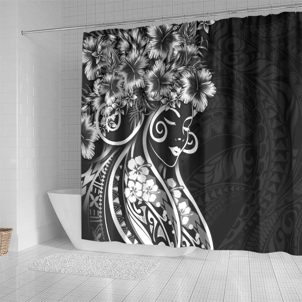 Polynesian Women's Day Shower Curtain Black Hibiscus Flowers With Polynesian Pattern