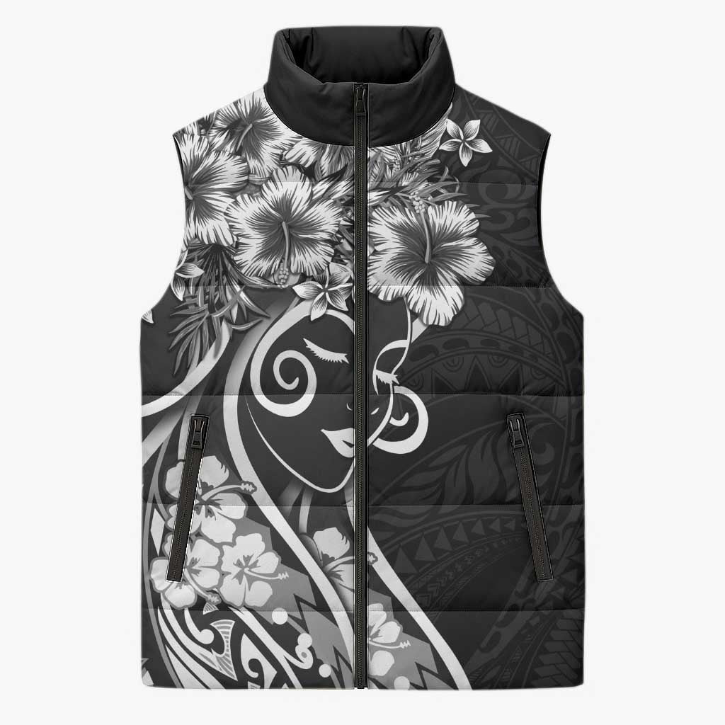 Polynesian Women's Day Sleeveless Puffer Jacket Black Hibiscus Flowers With Polynesian Pattern