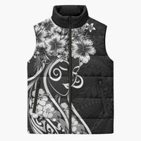 Polynesian Women's Day Sleeveless Puffer Jacket Black Hibiscus Flowers With Polynesian Pattern