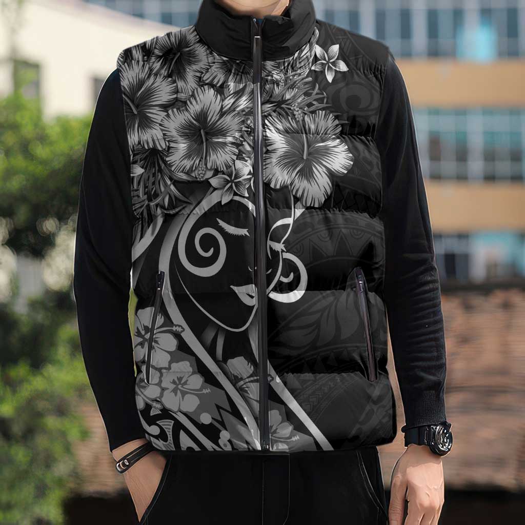 Polynesian Women's Day Sleeveless Puffer Jacket Black Hibiscus Flowers With Polynesian Pattern