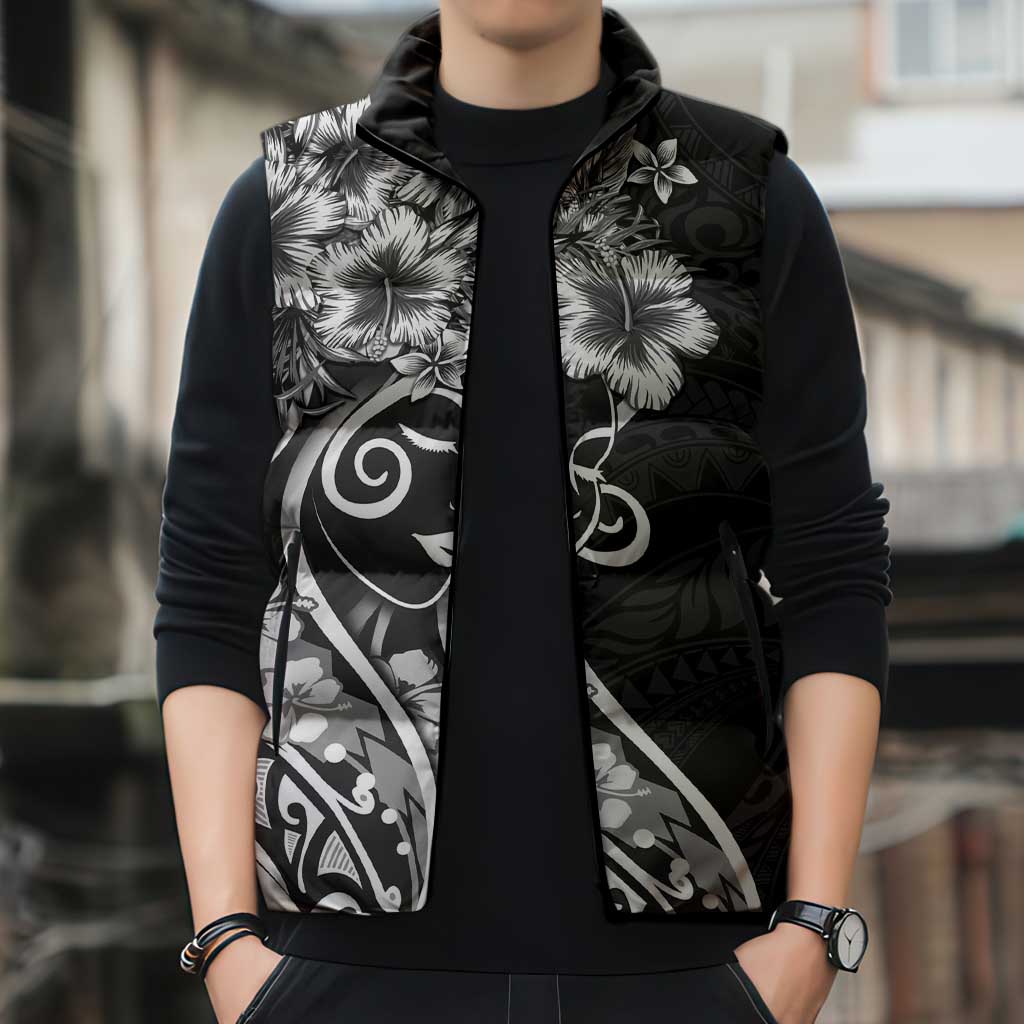 Polynesian Women's Day Sleeveless Puffer Jacket Black Hibiscus Flowers With Polynesian Pattern