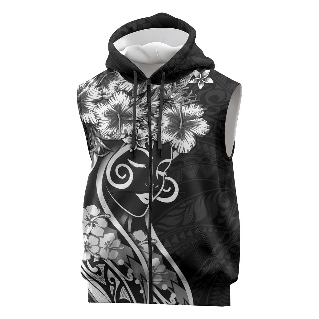 Polynesian Women's Day Sleeveless Zip Hoodie Black Hibiscus Flowers With Polynesian Pattern LT05 Black - Polynesian Pride