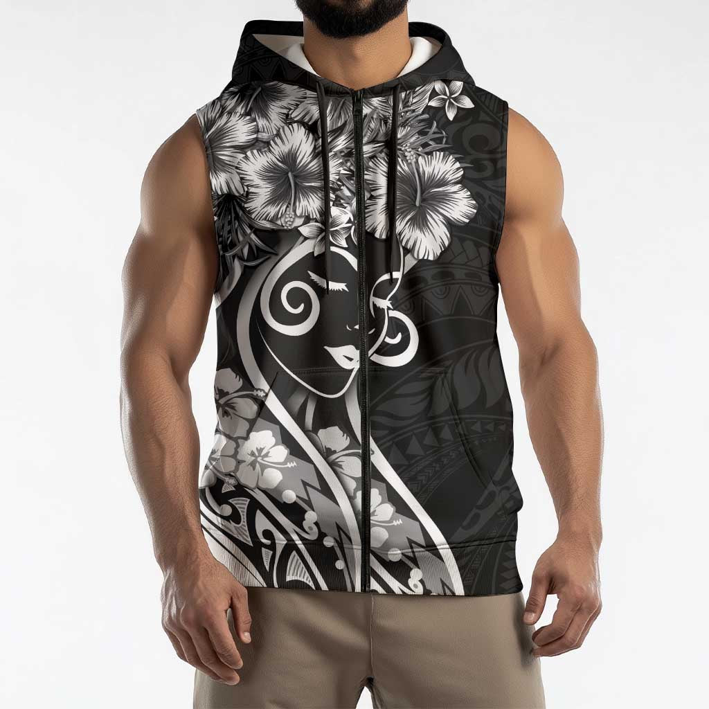 Polynesian Women's Day Sleeveless Zip Hoodie Black Hibiscus Flowers With Polynesian Pattern LT05 - Polynesian Pride