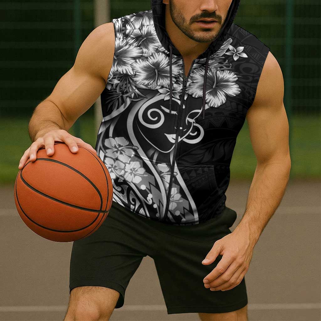 Polynesian Women's Day Sleeveless Zip Hoodie Black Hibiscus Flowers With Polynesian Pattern LT05 - Polynesian Pride