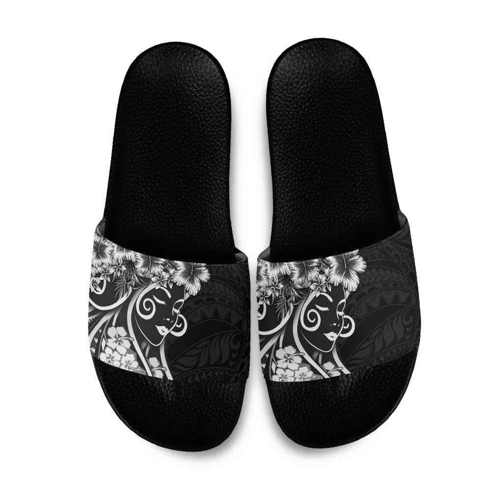 Polynesian Women's Day Slide Sandals Black Hibiscus Flowers With Polynesian Pattern