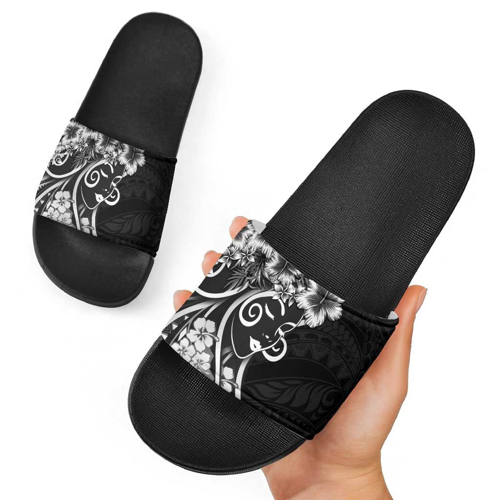Polynesian Women's Day Slide Sandals Black Hibiscus Flowers With Polynesian Pattern