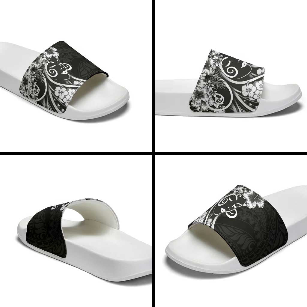 Polynesian Women's Day Slide Sandals Black Hibiscus Flowers With Polynesian Pattern