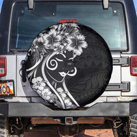 Polynesian Women's Day Spare Tire Cover Black Hibiscus Flowers With Polynesian Pattern