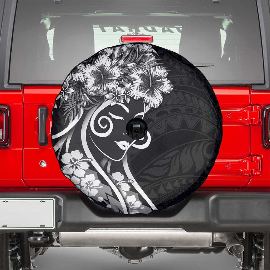 Polynesian Women's Day Spare Tire Cover Black Hibiscus Flowers With Polynesian Pattern