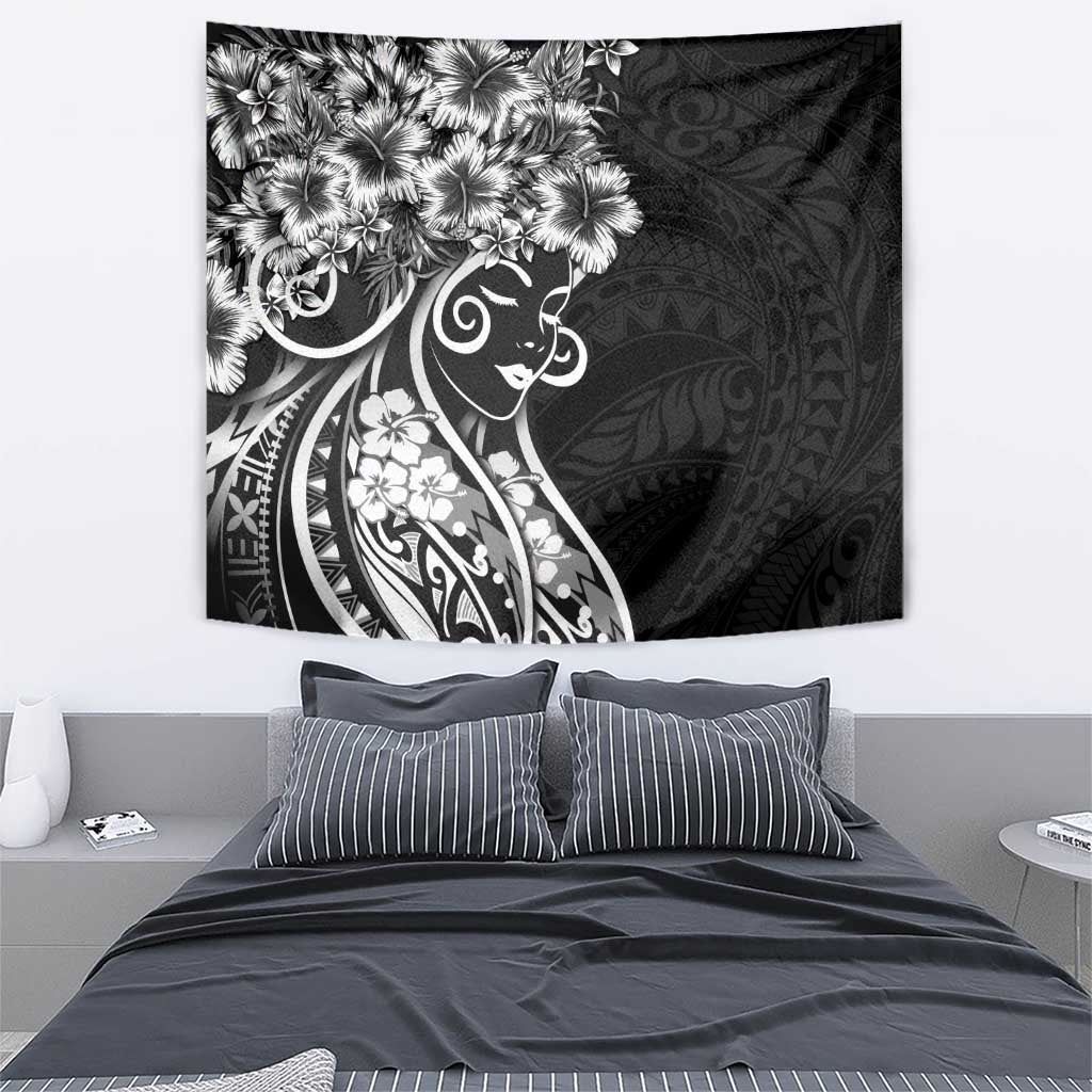 Polynesian Women's Day Tapestry Black Hibiscus Flowers With Polynesian Pattern
