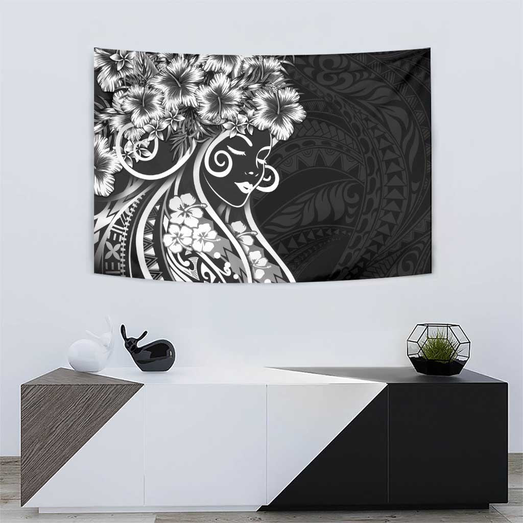 Polynesian Women's Day Tapestry Black Hibiscus Flowers With Polynesian Pattern