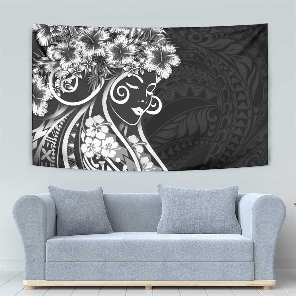 Polynesian Women's Day Tapestry Black Hibiscus Flowers With Polynesian Pattern