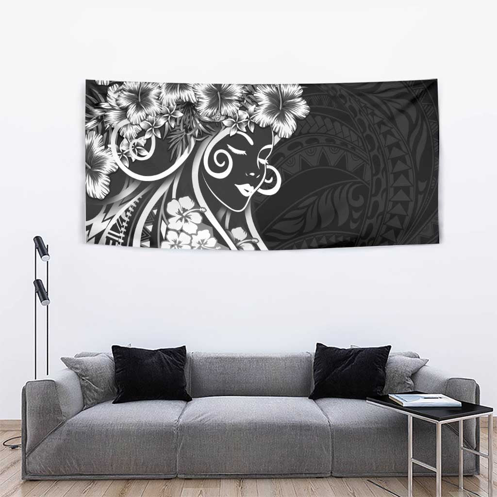 Polynesian Women's Day Tapestry Black Hibiscus Flowers With Polynesian Pattern