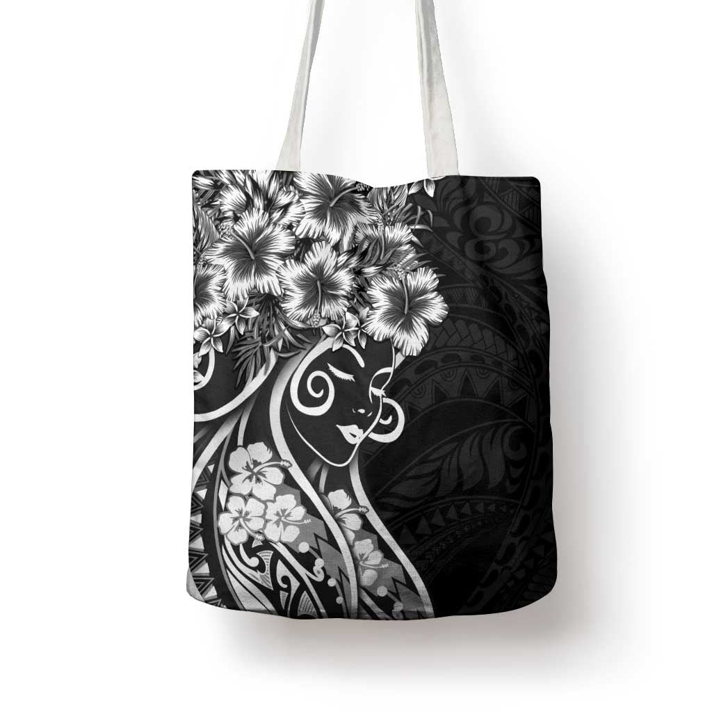 Polynesian Women's Day Tote Bag Black Hibiscus Flowers With Polynesian Pattern