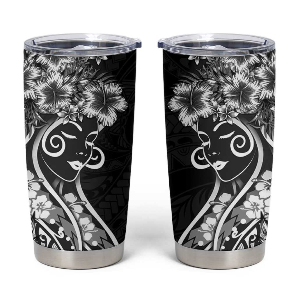 Polynesian Women's Day Tumbler Cup Black Hibiscus Flowers With Polynesian Pattern