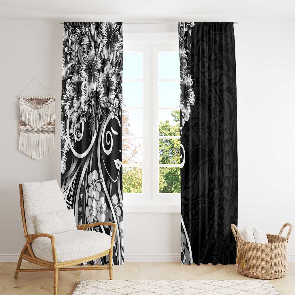 Polynesian Women's Day Window Curtain Black Hibiscus Flowers With Polynesian Pattern